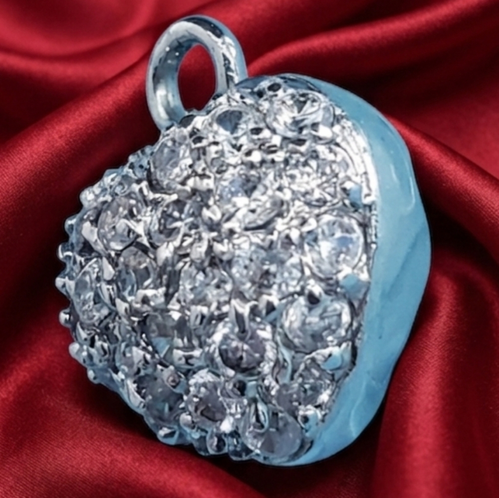 Puffy Crystal Heart Pendant Silvertone Rhinestones Pave Crystals - Picture 4 of 5